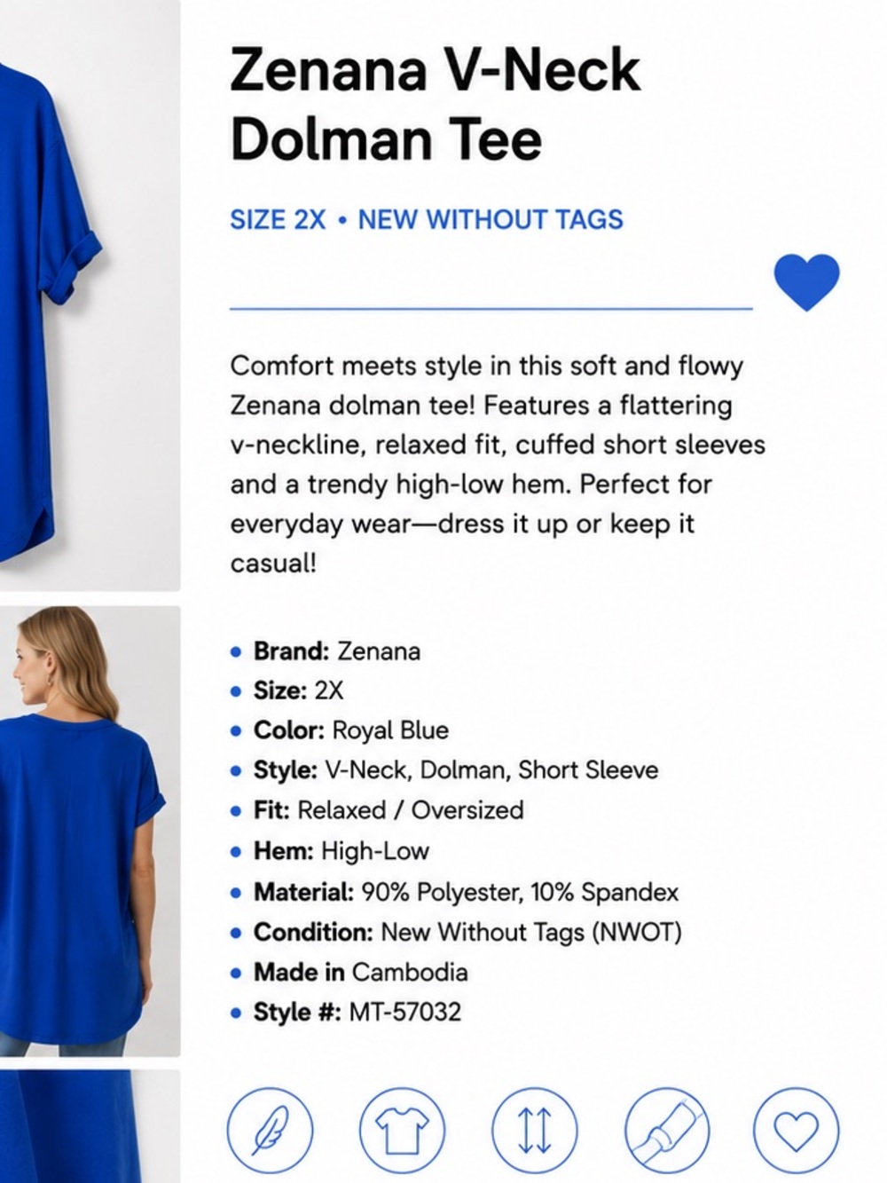 Zenana Outfitters Royal Blue V-Neck Dolman Tunic Tee - Picture 3 of 4